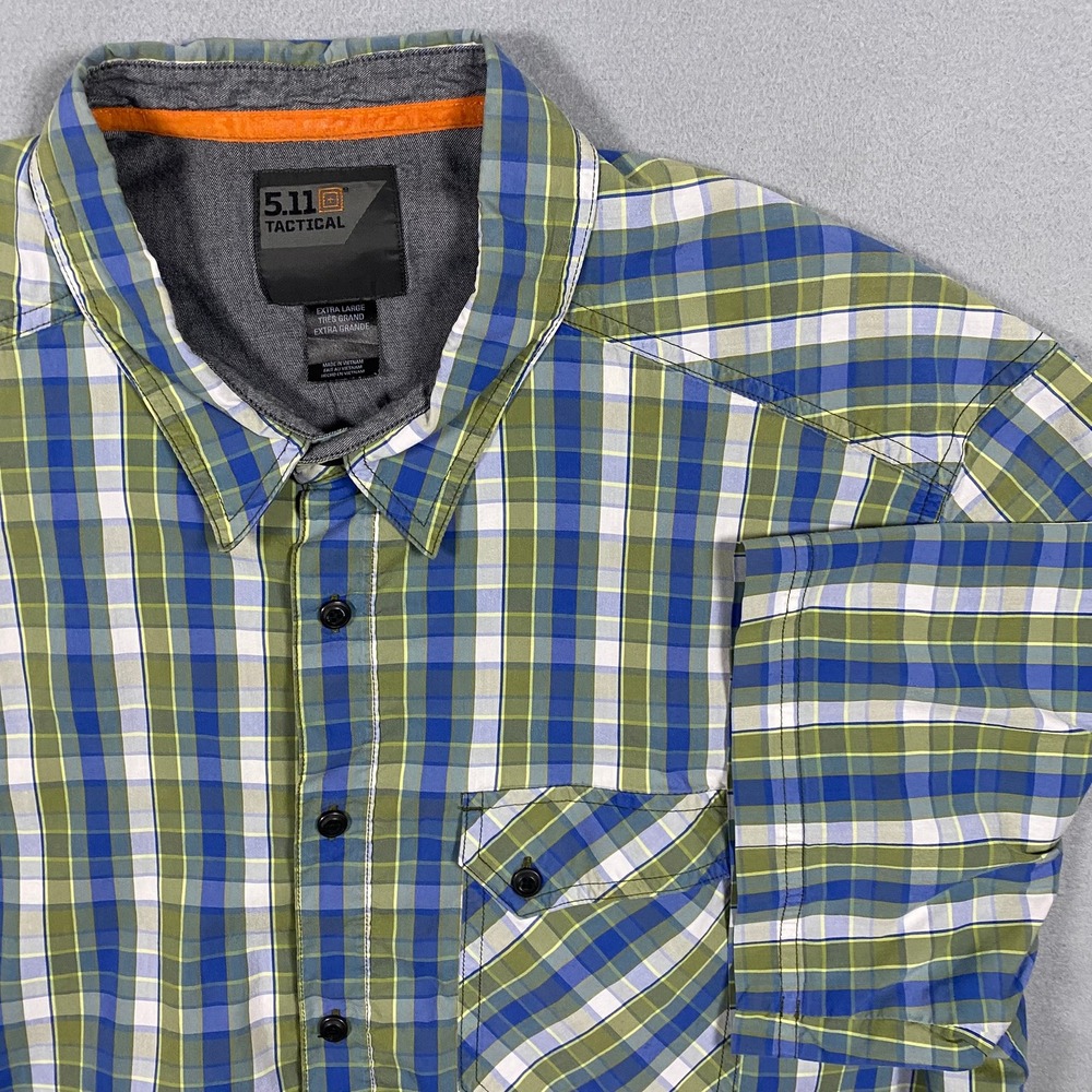 5.11 Tactical Mens XL Short Sleeve Plaid Snap Button Down Shirt Blue Green 71350